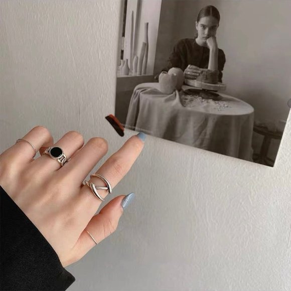 Multi Layered Ring, Black Enamel Ring, Stacking Ring Silver, Silver Ring Duo - Picture 9 of 10